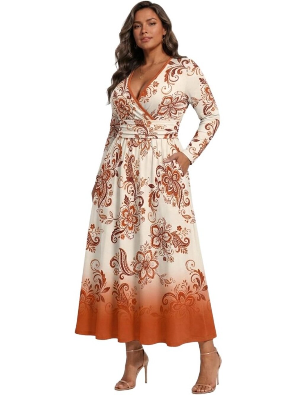 Women's Boho Floral Long Sleeve Maxi Dress V Neck A-Line Empire Waist
